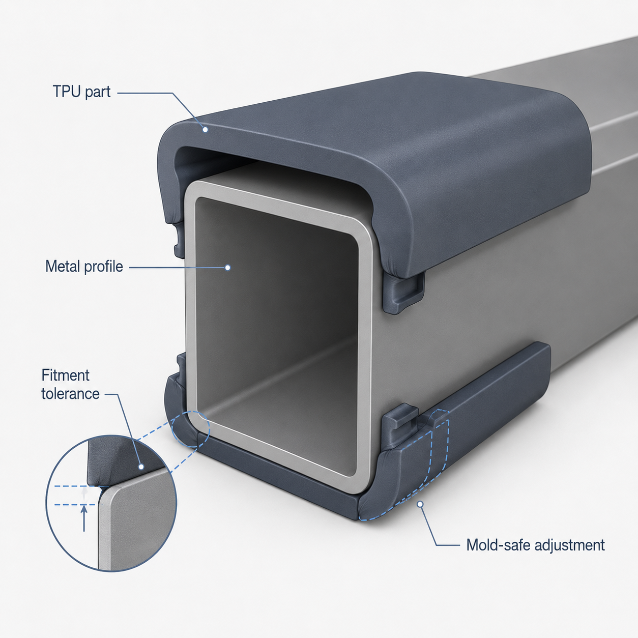 TPU fitment control concept with metal profile