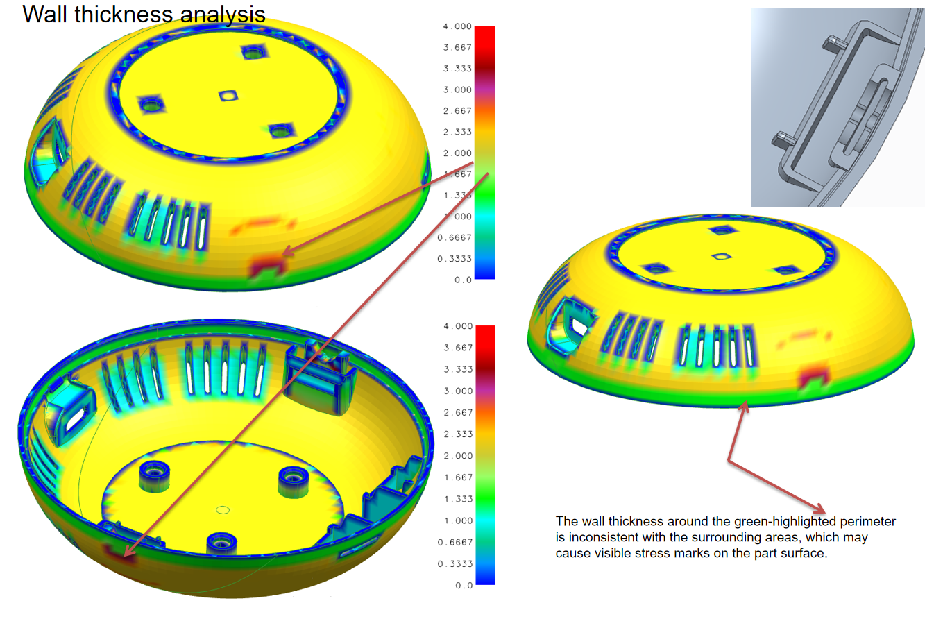 Wall thickness DFM review example for injection molded plastic parts